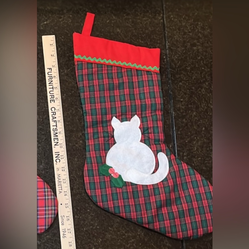 Plaid Quilted Christmas Stocking with Cat Design